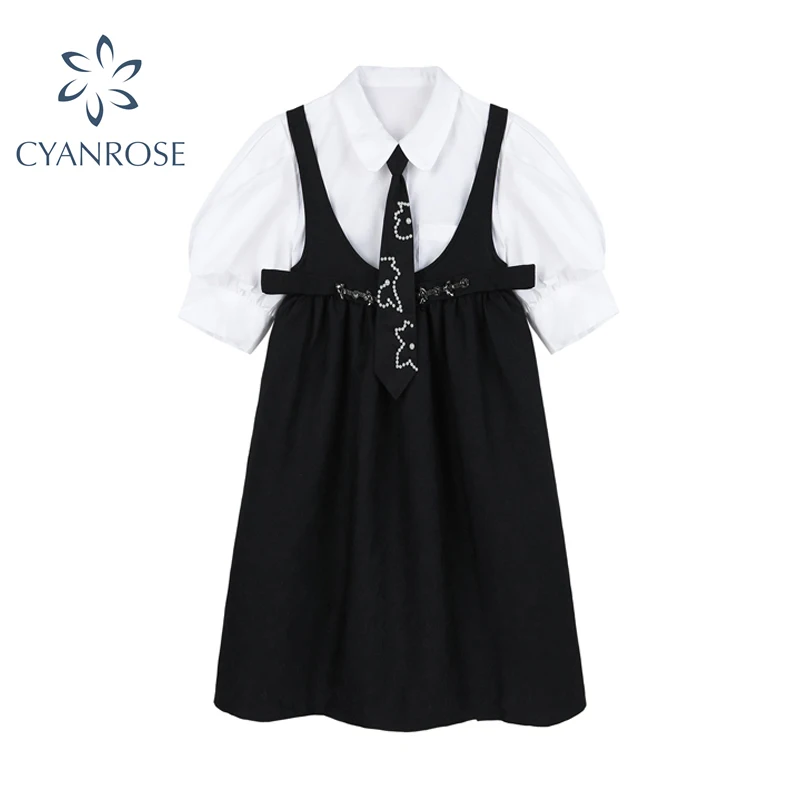 

Платье из 2 частей комплект ювелирных изделий для женщин с пышными рукавами белая рубашка однотонное платье трапециевидной формы женские л...