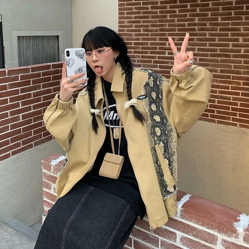 

Dark street Harajuku leopard print irregular cut stitching jacket women autumn and winter retro loose short jacket top y2k tops