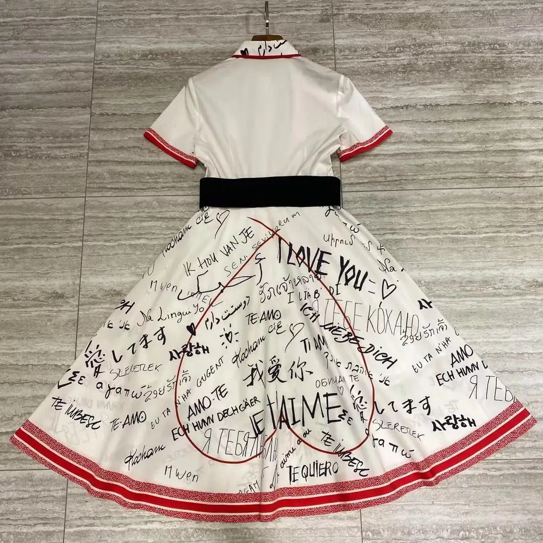 

Women runway designer love words letters print 100% cotton dress high quality fashion shirt collar short sleeve summer dresses