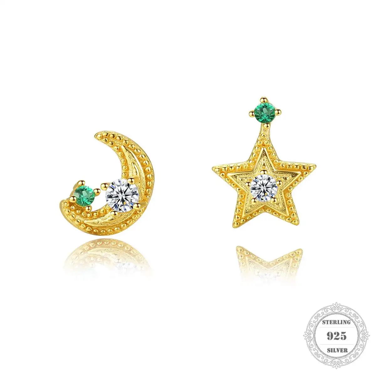 Золотые серьги гвоздики в форме звезды Луны с зеленым цирконом модные хорошие