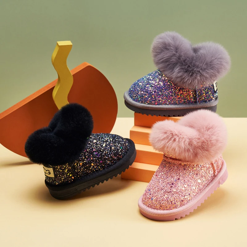 

2022 New Winter Children Snow Boots Rhinestone Warm Plush Zip Ankle Princess Little Girls Boots Fashion Kids Baby Girl Shoes