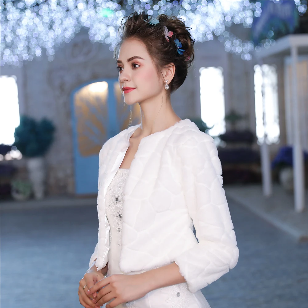 Женское вечернее болеро из искусственного меха с рукавом три четверти свадебная