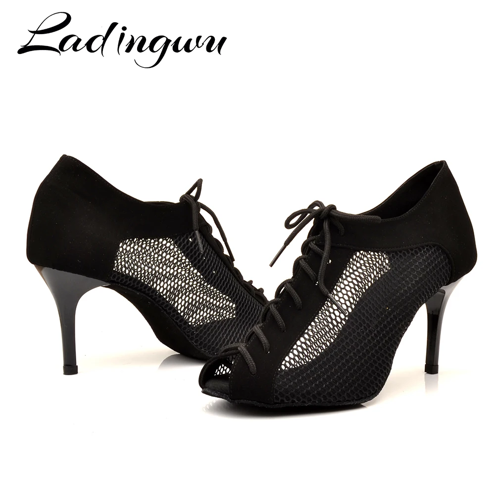 Ladingwu Latin Dance Shoes Suede Plus Breathable Mesh Indoor Sport Dance Shoes Women Salsa Dance Shoes 8.5 cm metal heel
