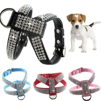 1 pc dog collar adjustable pet products pet necklace dog harness leash quick release bling rhinestone pu leather