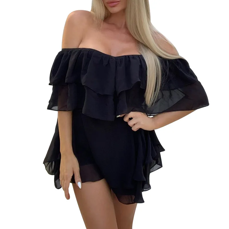 

Summer Elegant Off Shoulder Ruffle Mini Dress Women Fashion Sexy Slash Neck Mini Dress Women