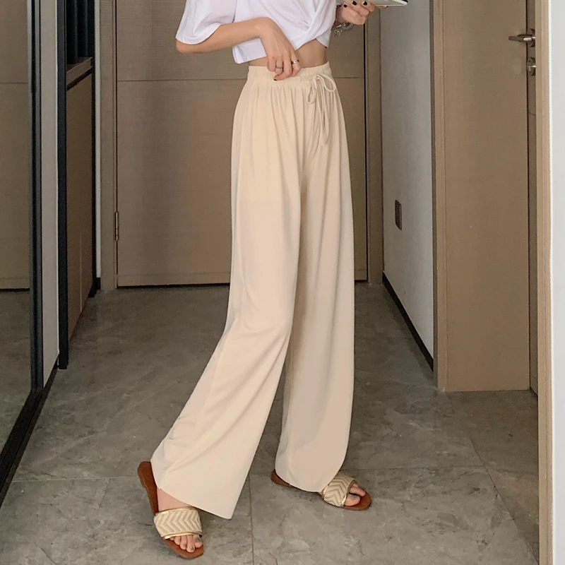 

Real Shot High Waist Ice Silk Wide-Leg Pants Women's Summer Loose Drooping Straight Draping Mop Trousers