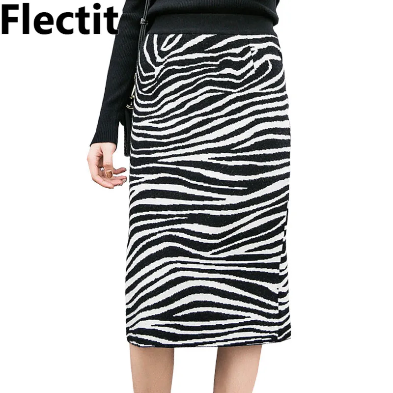 Женская вязаная юбка с принтом зебры прямая миди разрезом на спине и эластичным