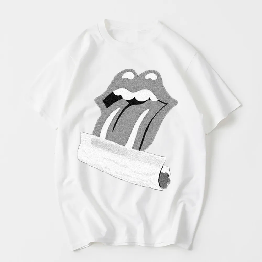 Серая модная футболка с принтом языка уличная трендовая коротким рукавом Harajuku