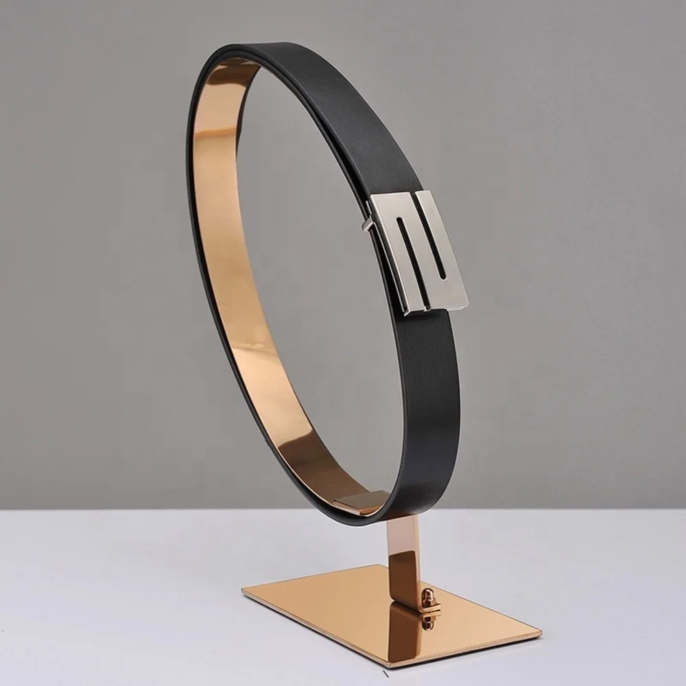 

Rose Gold Metal Stand Commercial Single Leather Adjustable Stainless Steel Belt Racks Loop Display Holder Rack for Retail Store