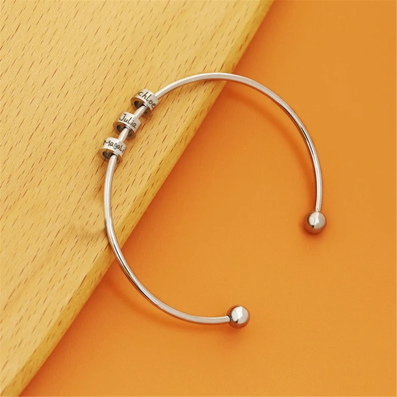 Engrave Family Names Beads Personalized Cuff Bracelet Ball Closure Custom Monogram Beads Bangle Bridesmaid Bracelet