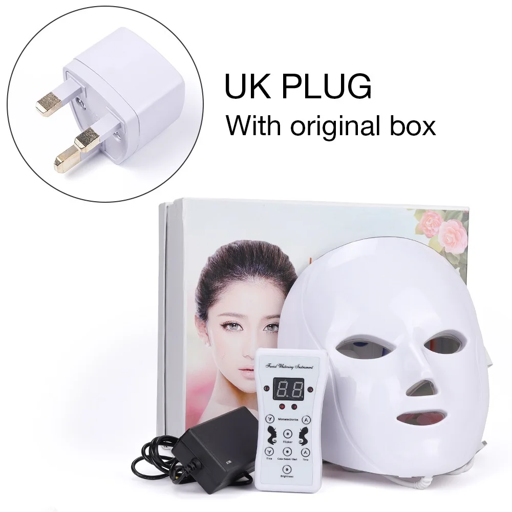 UK PLUG with BOX 7 цветов светодиодный аппарат для ухода за кожей лица против морщин устройство для удаления акне Красота спа устройство омоложение кожи белый маска для лица - Цвет: UK PLUG with BOX