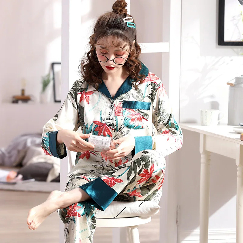 Spring Thin Cotton Silk Ladies Single Gown Home Service Comfortable Fresh Flower Long-sleeved Bandage Outer Single Night Gown