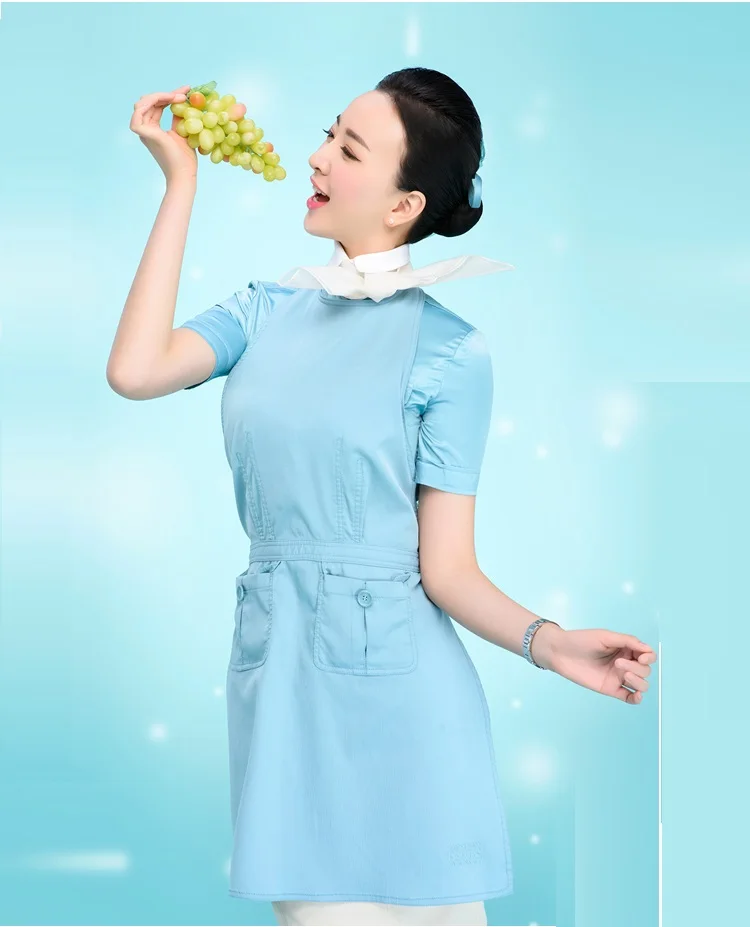 

Костюм этикетки для сопровождения интервью, глянцевая рубашка с длинным рукавом и коротким рукавом, голубой фартук