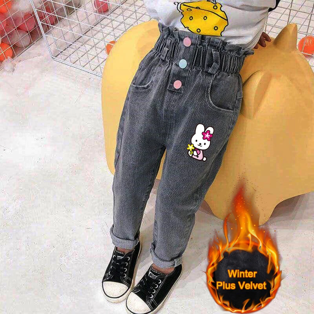 

2020 Winter Kids Jeans Girl Print Jeans For Girls Fashion Waist Girls Jeans Pants velvet warm Casual Girls Clothes 1-8Years