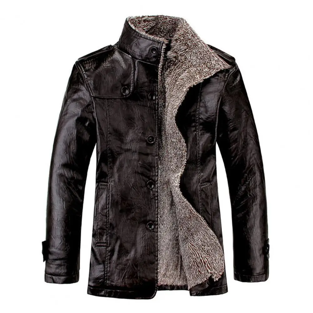 

Men Coat Solid Color Plush Faux Leather Business Winter Jacket for Daily Wear