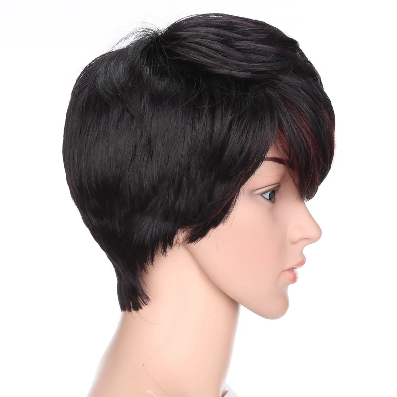 

DAN BO Women's Short Straight Hair Natural Black Red Wig Women's Daily Wig