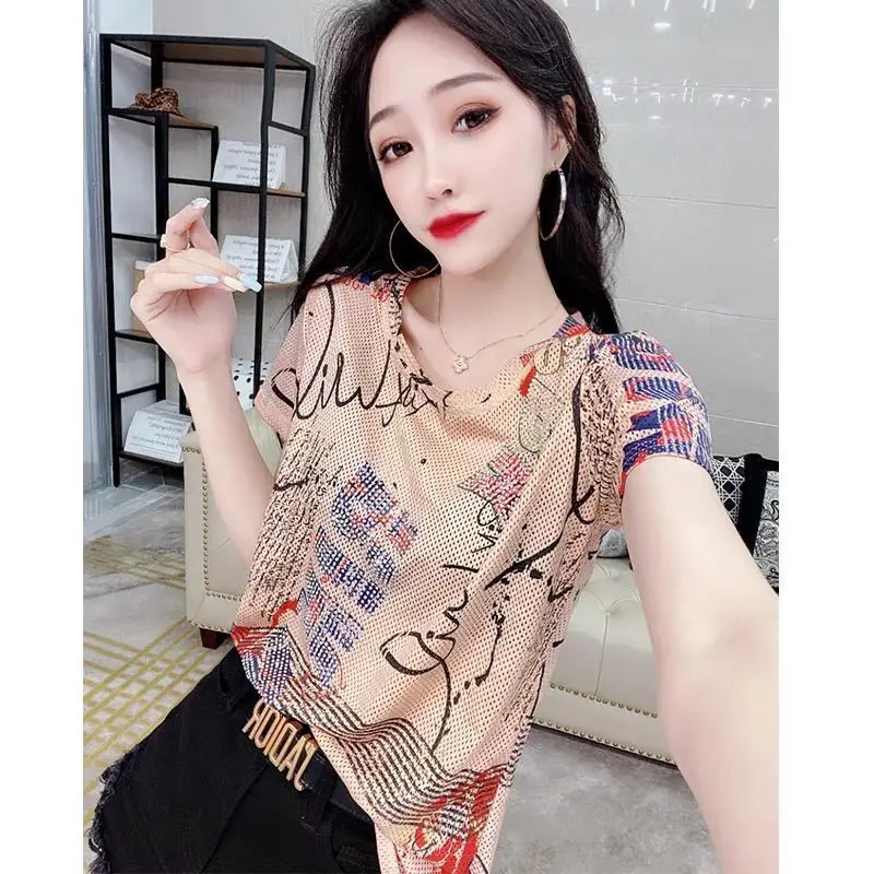 

2021 summer new women's mesh drill short sleeve T-shirt Korean fashion casual printing ice silk short sleeve T-shirt for women