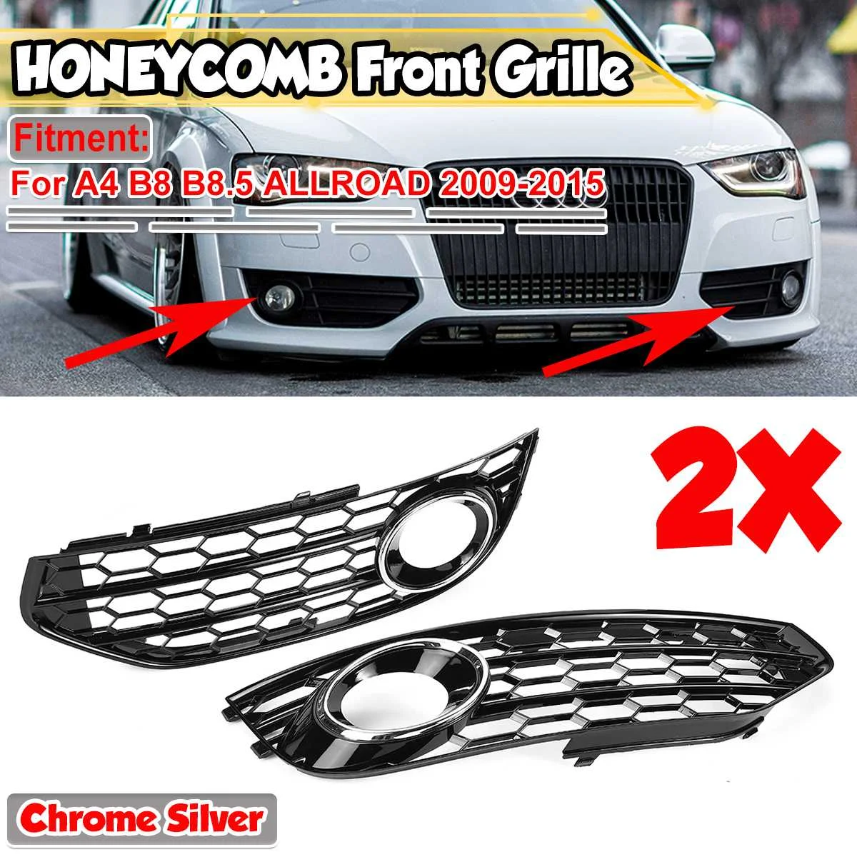 

New 2x Car Front Fog Light Grill Grille Cover Honeycomb Hex For Audi A4 B8 B8.5 ALLROAD 2009-2015 8K0807681J01C 8K0807682J01C