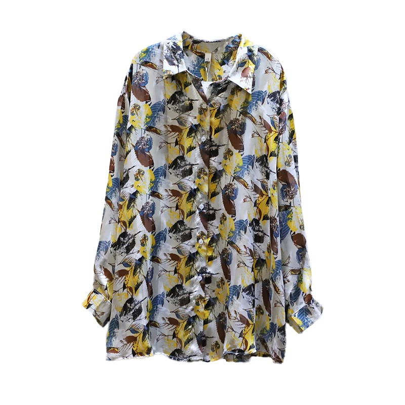 

IEQJ Vintage Panelled Yellow Print Women Blouse New Lapel Long Sleeve Over Size Shirt Fashion Spring Autumn 2021 8P547