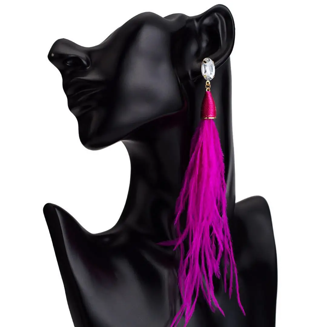 Длинные серьги в стиле бохо с розовыми и красными перьями женские этнические