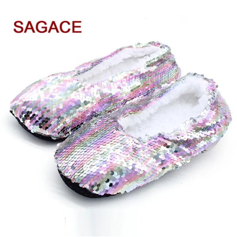 Женская зимняя обувь снежные домашние тапочки женские блестящие цветные блестки