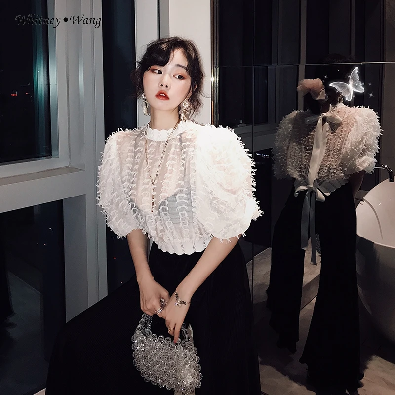 WHITNEY WANG Blouses 2020 Summer Fashion Streetwear Sexy Back Split Bow Feathery Blouse Women Blusas Lady Shirt Tops | Женская одежда