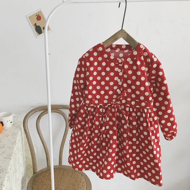 Весенние милые платья в горошек с длинным рукавом для девочек женское хлопковое