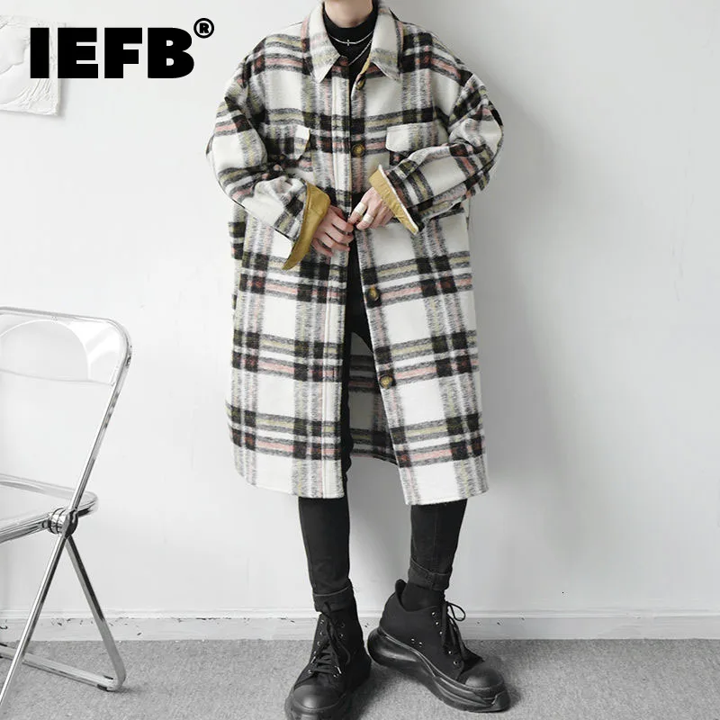 

IEFB Men Design Medium-length Loose Checked Tweed Overcoat 2021 Korean Chic New Men's Niche Jacket Autumn Winter Long Coat D1189