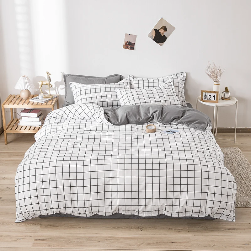 

European Bedding Set Blue White Stripe Quilt Cover Bed Linen Pillowcase Grid Black Geometric Dot Adult Bedclothes Home Textile