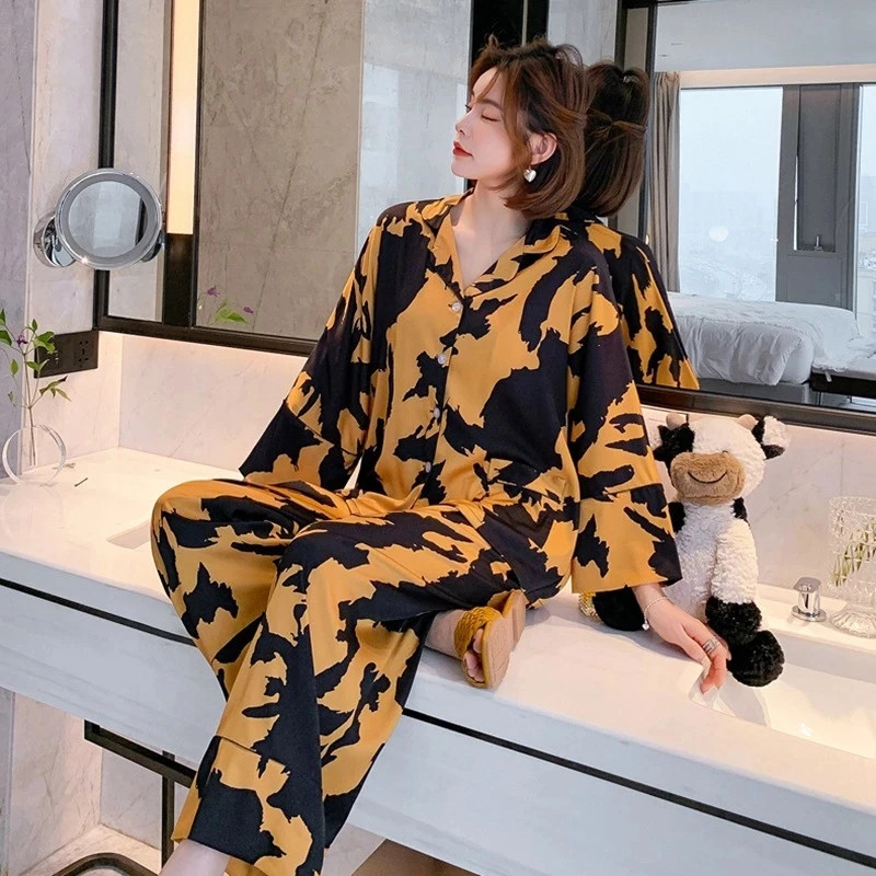 Luxury Women's Pajama Set Print Long Sleeve Ladies Sleepwear Faux Silk Spring Autumn Satin Pijama Suit Nightwear for Female