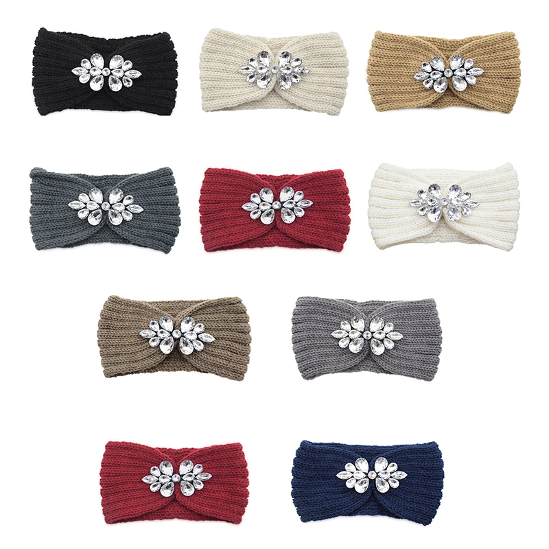 

Autumn And Winter Keep Warm Rhinestone Flower Knitting Wool Hair Bands Hair Accessories For Women Europe And America Popular