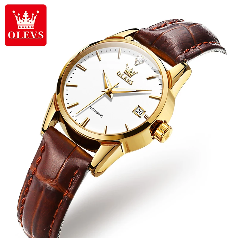 OLEVS Womens Automatic Mechanical Watch Top Brand Luxury Genuine Leather Strap 30M Waterproof Watch Women Simple Clock Calendar