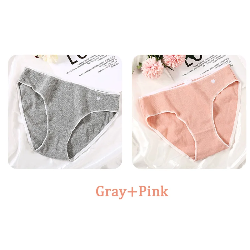 Gray-Pink Хлопковые трусы с сердечками для женщин, 1 шт., одноцветное нижнее белье, дышащие трусики, модное нижнее белье, сексуальные женские трусы, Новое поступление, S-XL - Цвет: Gray-Pink