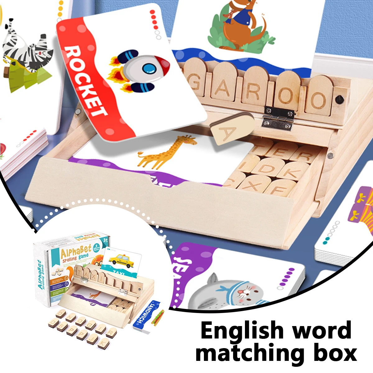 

Wooden Alphabet Word Magic Box English Word Spelling Wooden Matching Puzzle with Double-sided Cards Montessori ABC Alphabet