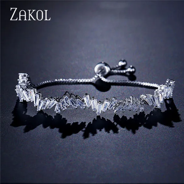 white Color ZAKOL Модный Блестящий AAA кубический циркон багет регулируемый браслет-цепочка и браслет для женщин и девушек Свадебные ювелирные изделия FSBP161 - Окраска металла: white Color