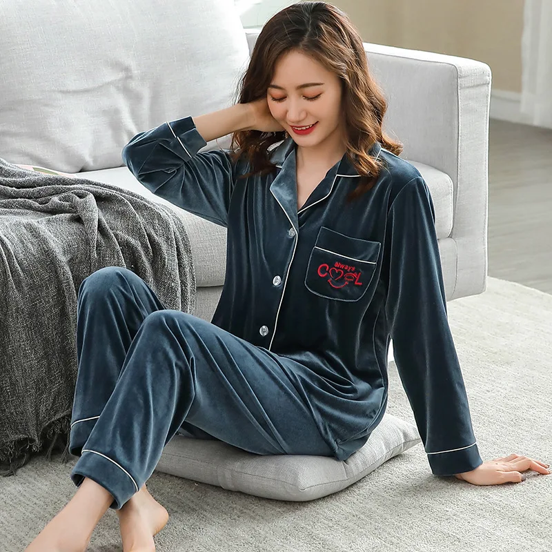 

Gold Velvet Couple Pajamas Women Autumn Home Service Long Sleeve Lingerie Plus Size Warm Sleepwear Cardigan Suit Casual Pijamas