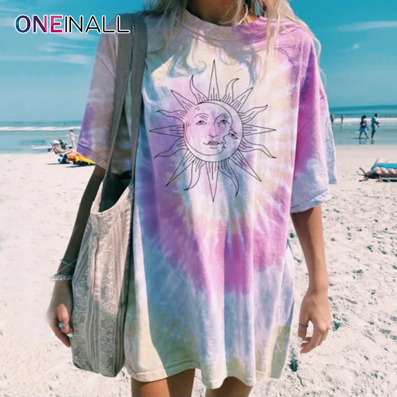 

ONEINALL Casual T Shirt For Women O Neck Short Sleeve Print Hit Color Chic Loose T Shirts Summer Fashion Clothes 2021 New Style
