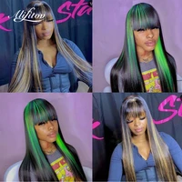alifitov pre plucked fluorescent green highlight wig brazilian remy human hair brown bangs wig 13x6 lace front wig for women