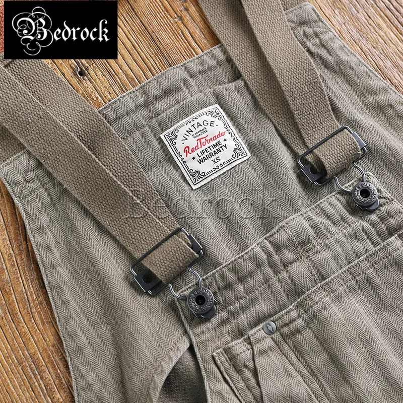 RT 9.5oz herringbone overalls for men vintage batik one washed denim baggy jeans blue big pocket suspenders loose military pants