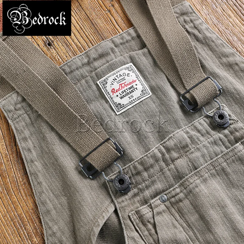 RT 9oz herringbone overalls for men vintage batik one washed denim baggy jeans blue big pocket suspenders loose military pants