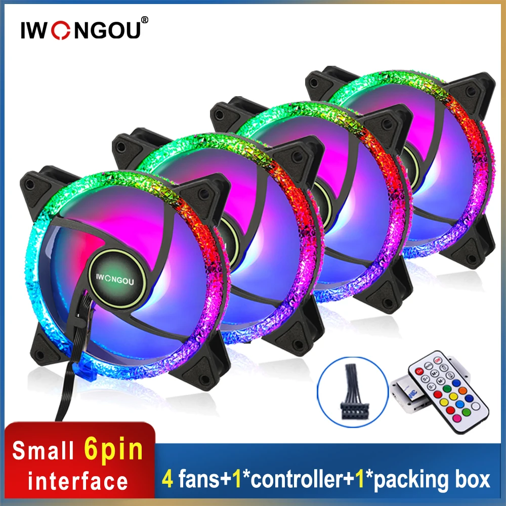 

IWONGOU 120mm PC Fan Kit 4 Computer Case Cooling RGB Fan DC12 Volt Cooler Adjust Color With Controller