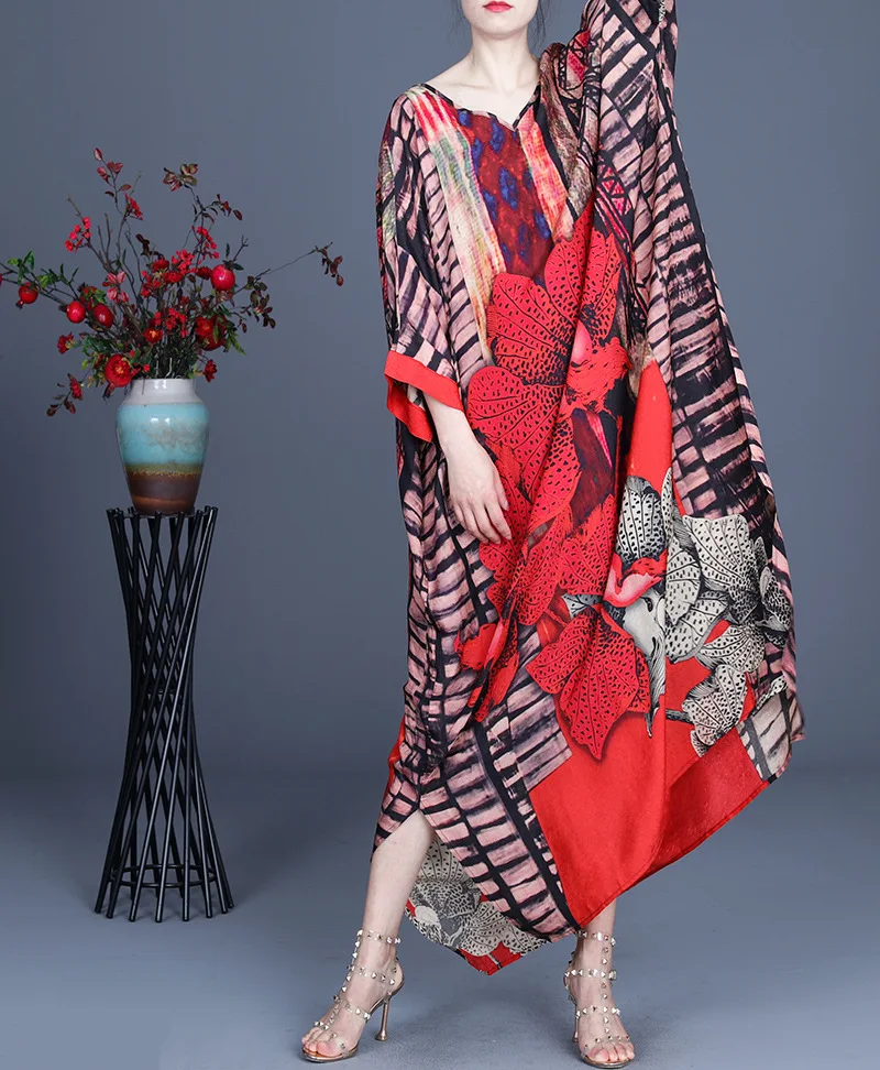 

2021 Summer New Product V-Neck Rayon Dress Print Loose Large Size Temperament Noble Lady Long Skirt National Style R