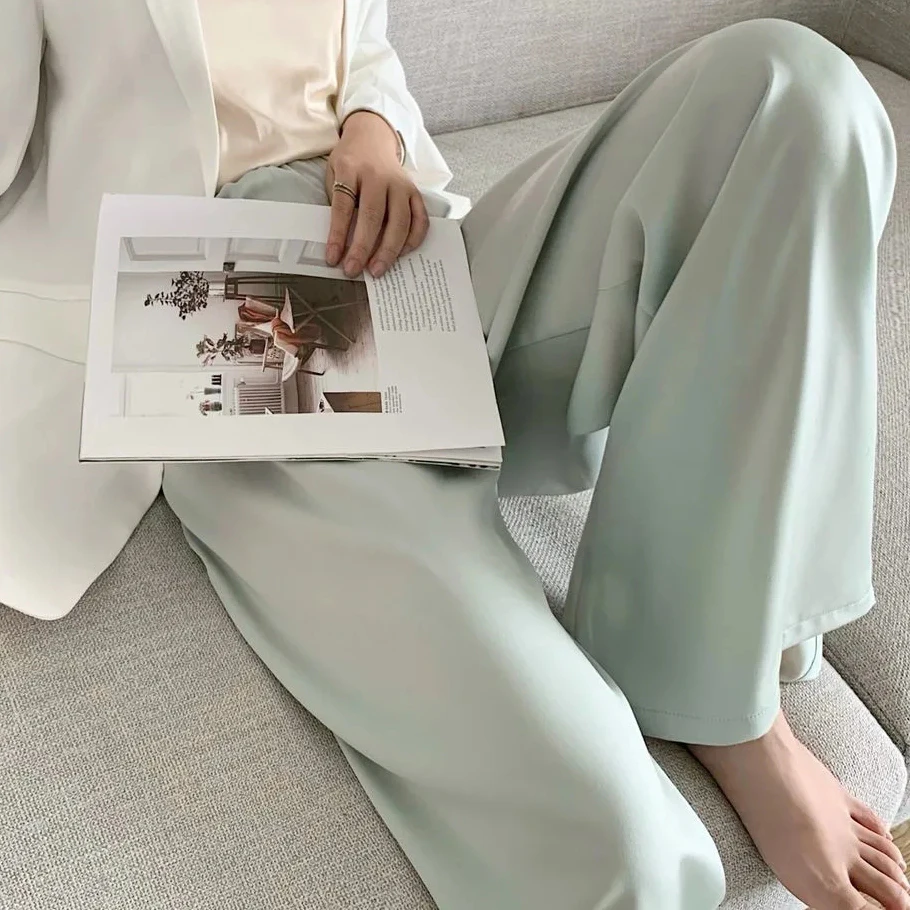 

Silky straight leg pants drape women's high waist casual wide-leg suit trousers 2021 summer new thin LOOSE Silk HIGH