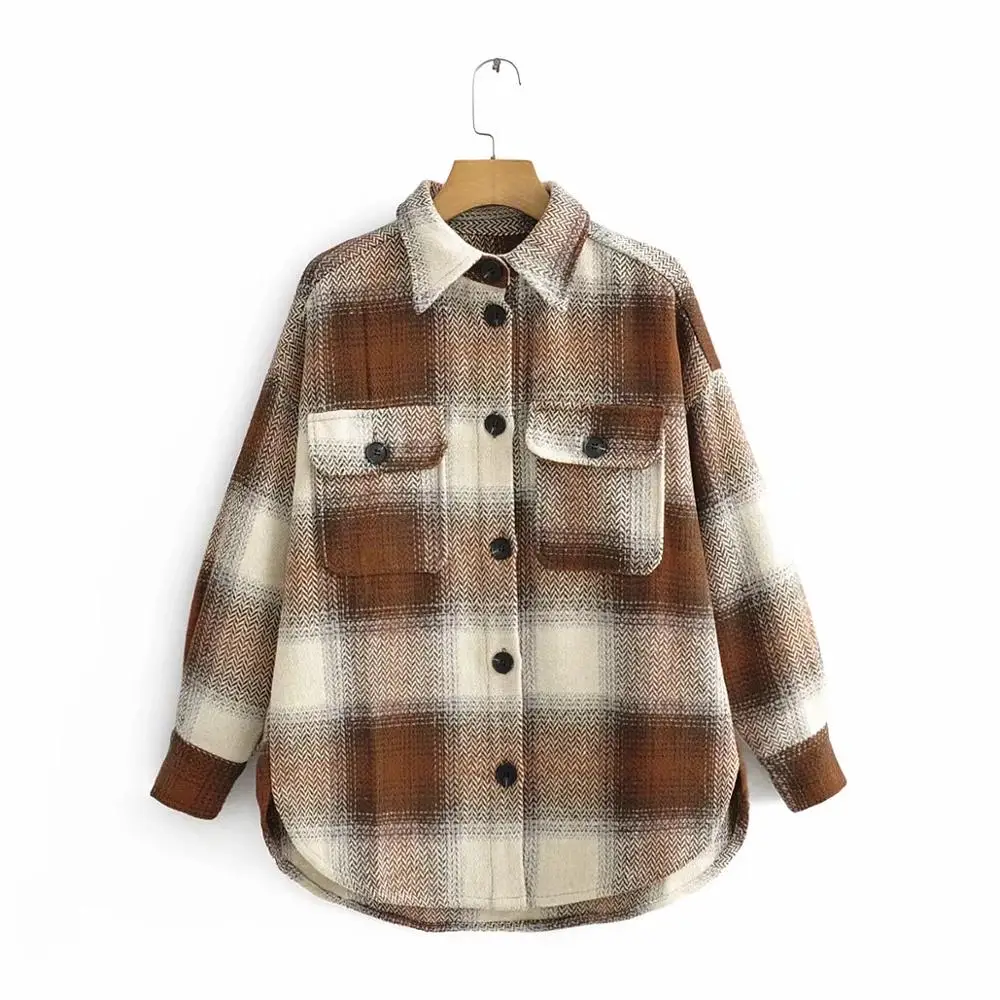 Pockets Blouses Women Fashion Plaid Printed Shirts Women Elegant Long Sleeve Buttons Tops Female Ladies