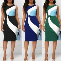 70 hot sell office lady sleeveless o neck color block bow decor bodycon knee length dress