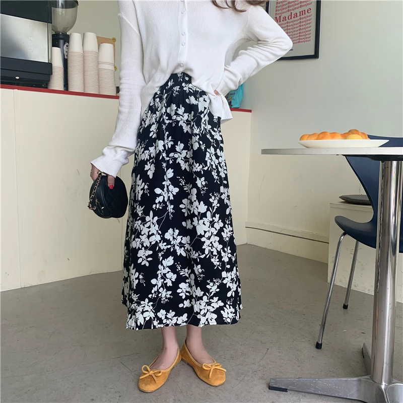 

BornSra Fashion High Waist Floral Maxi Skirt 2020 New Autumn Vintage Korean Style Skirts Womens A-line Long Skirt Female