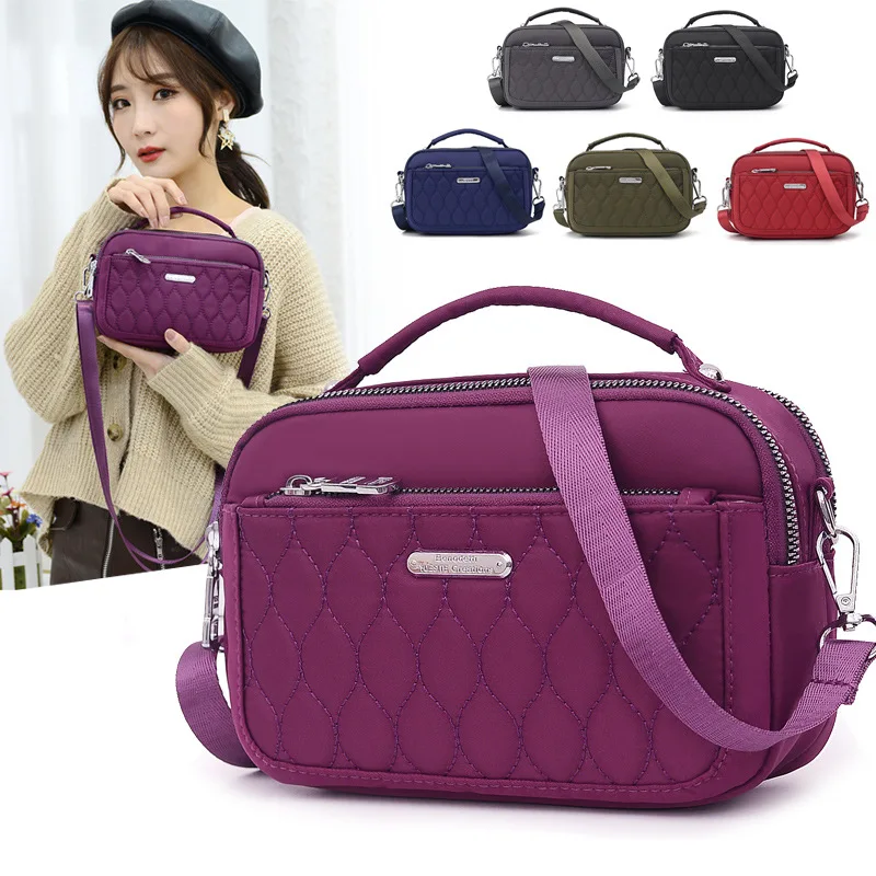 Women's Handbag Fashion Embroidery Thread Small Messenger Bag Plaid Shoulder Bag Waterproof Nylon Crossbody Bags for Women