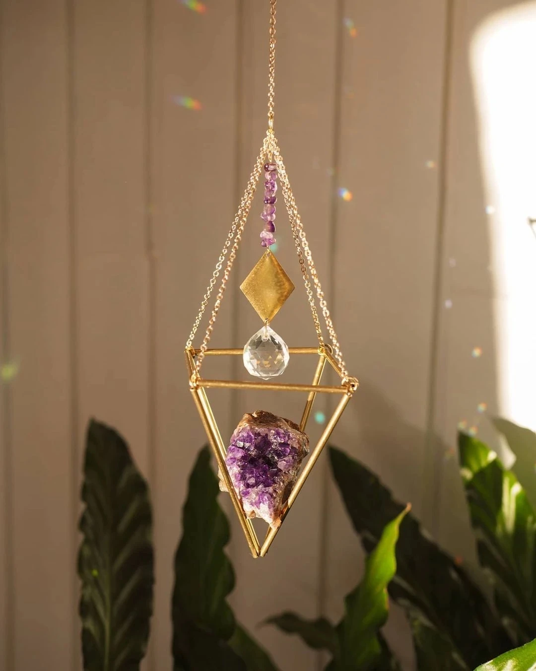 Purple Amethyst Crystal Moon Sun Catcher Boho Home Decor Rainbow Maker for Window Sun Catcher Wall Decor Witchy Fairy Core Prism