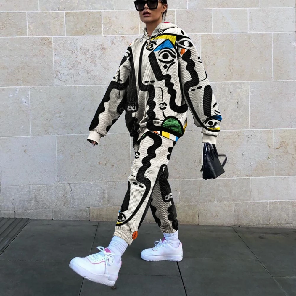 

Новинка 2021, костюм из свитшота и брюк в стиле хип-хоп, Женский комплект из двух предметов, повседневный уличный спортивный костюм, модные афр...