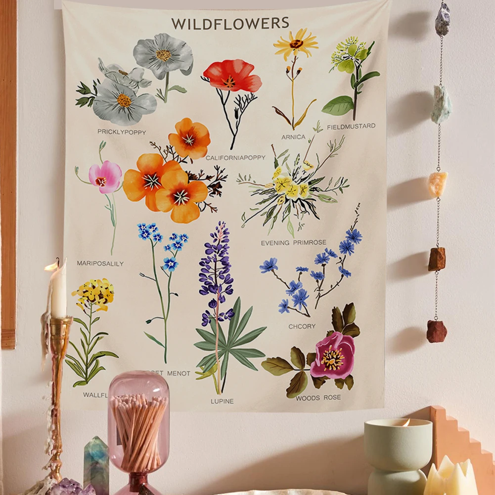 

Wildflower Botanical Tapestry Room Decoration Aesthetic Decor Tropical Flower Chart Printed Wall Hanging Tapestry Floral Decor
